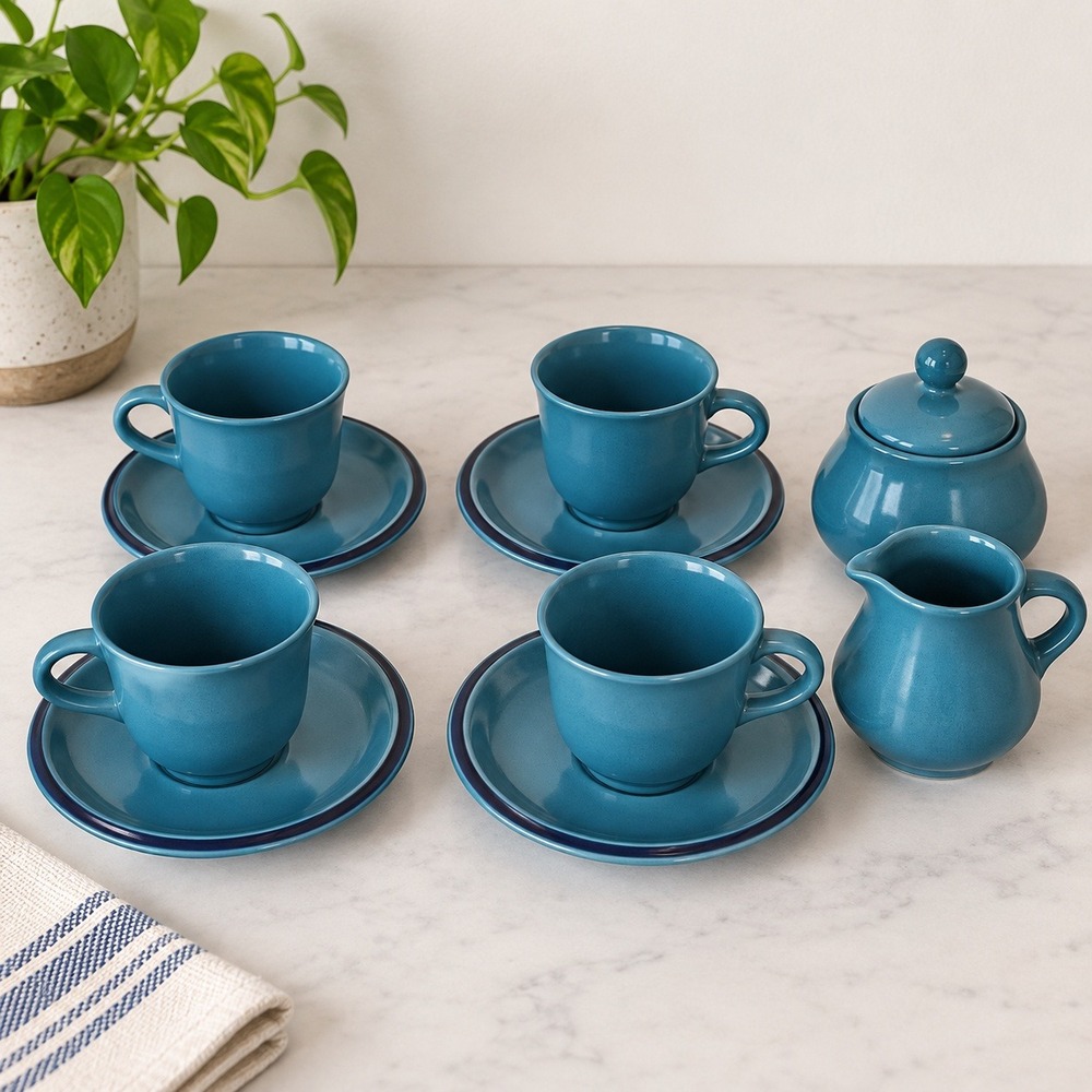 Noritake Folkstone Tea Coffee Set Blue Stoneware Cups Saucers Creamer Sugar